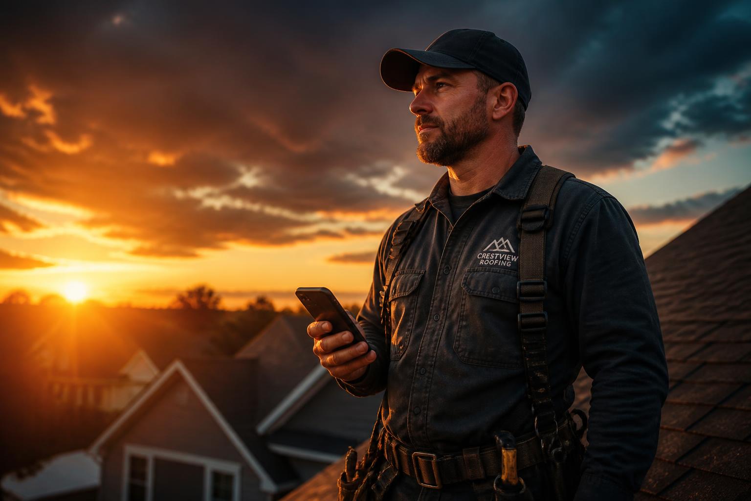 Roofer using AI booking system on the job